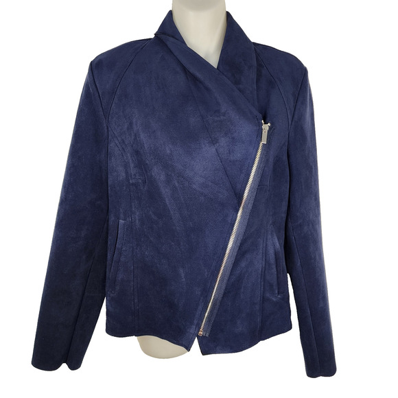Tahari Draped Faux Leather Moto Jacket Womens Small Blue Asymmetrical Zip Career - Picture 1 of 13